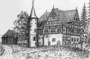 Das obere Haus Hess, Federzeichnung von Friedhelm Busch, Wilnsdorf-Niederdielfen. Mit dem Wiederaufbau des Turmes wird im kommenden Herbst begonen.