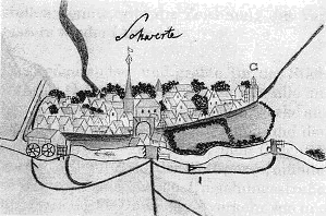 Abb. 9 Graphitpause der Stadtansicht von 1740. Original verschollen. Schwarzweiß-Dia im StASchwerte.