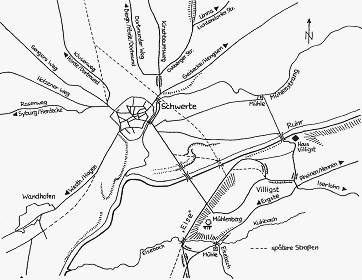 Abb. 11 Karte des Ruhrbergangs bei Schwerte und das mittelalterliche Straennetz. Nach der topographischen Uraufnahme von 1839/40 und dem Situationsplan des Ruhrtales von 1720.